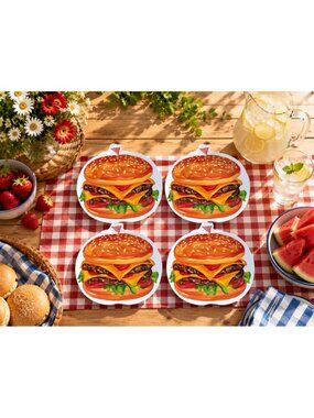 New Lot Of 4 Hard Plastic Cheeseburger Party BBQ Picnic Dinner Serving Plates